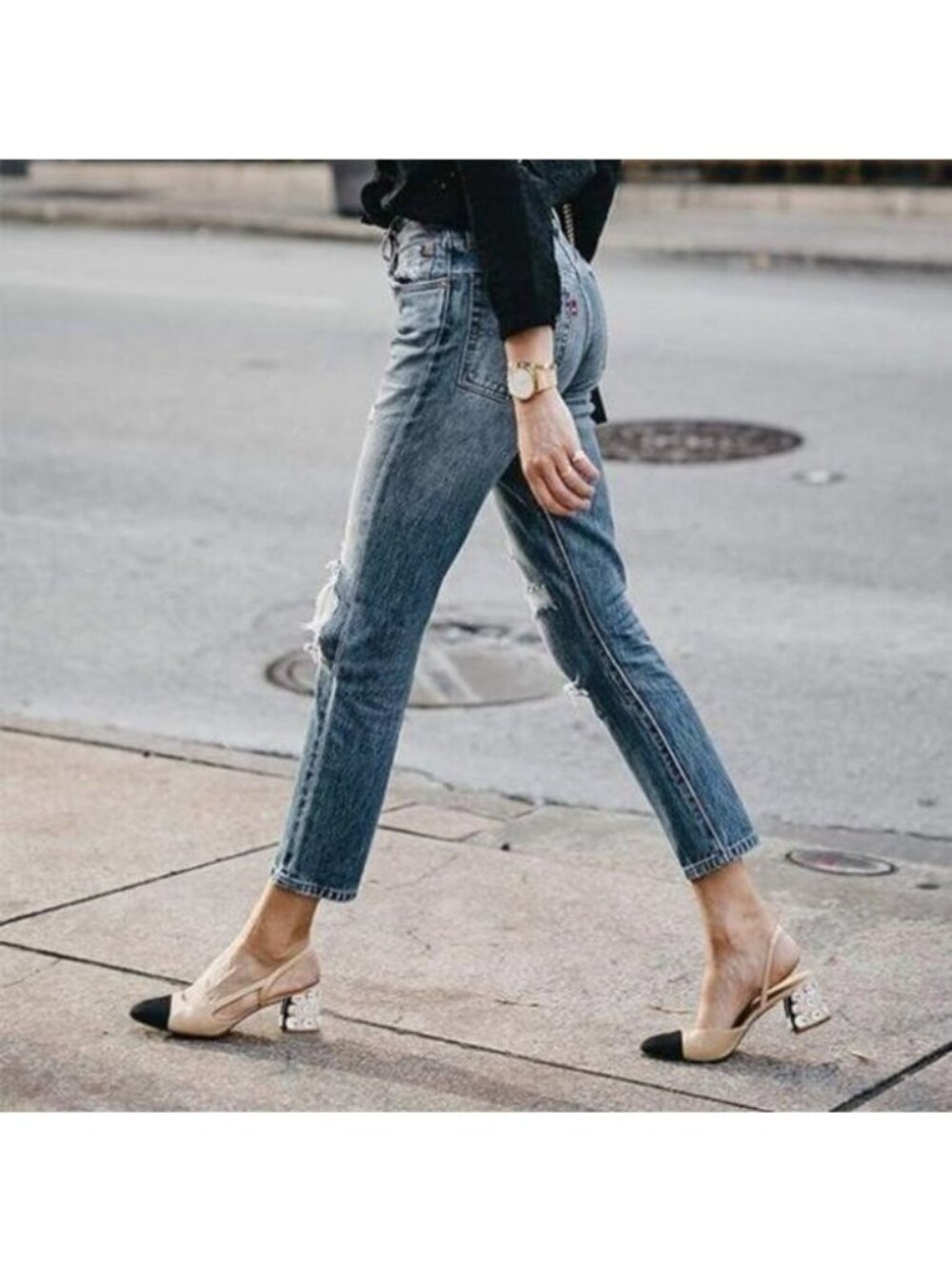 Women Rhinestone Rivet Chunky Mid Heel Pumps Almond Pointed Cap Toe Slingback